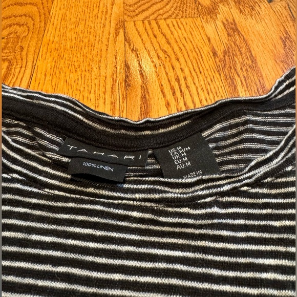 Tahari 100% linen black and white stripe knot front tee size M - Picture 2 of 4